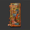 Miniature Decorative Landscape With Wooden Frame Colorful Fabric And Small Cabinets