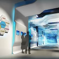 Modern Exhibition Hall Design With Curved Structure Blue Screens Data Lines And Lit Floor