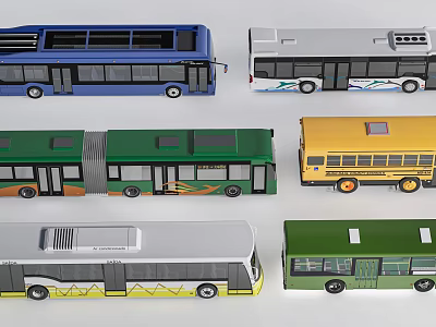 Various Toy Bus Models in Different Colors and Types Displayed Together 3d model
