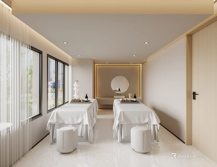 Modern SPA Room With White Beds And Large Windows 3d model
