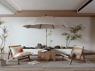 Wooden Outdoor Table With Umbrella And Chairs In Cozy Outdoor Lounge Area With Green Plants 3d model