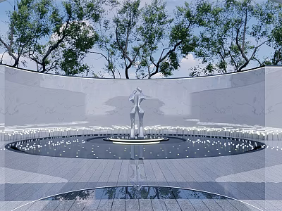 Contemporary White Sculpture in Circular Reflecting Pool Surrounded by Trees and Stone Pavement 3d model