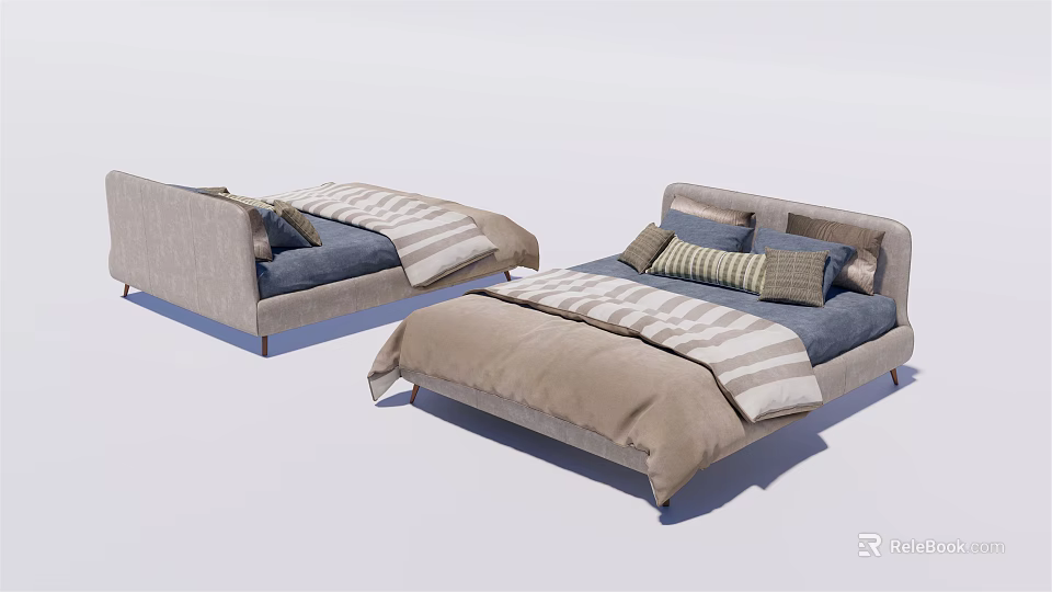 Modern Double Bed Design With Beige Blue Striped Bedding And Pillows 3d model