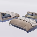 Modern Double Bed Design With Beige Blue Striped Bedding And Pillows 3d model