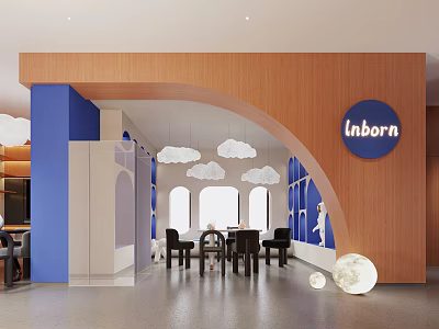 Inborn Interior Space With Blue Wooden Arched Design Cloud Pendant Lights And Moon Decorations 3d model