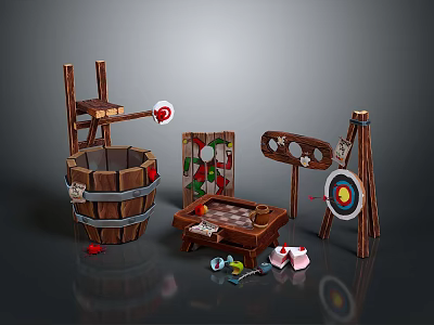 Medieval Historical Weapons Training Gear With Wooden Targets Barrels And Frames 3d model