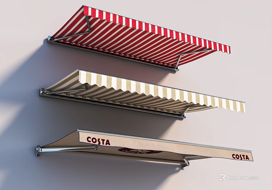 Varied Design Outdoor Awnings featuring Red White Striped Beige Patterns and Costa Brand Logo 3d model 