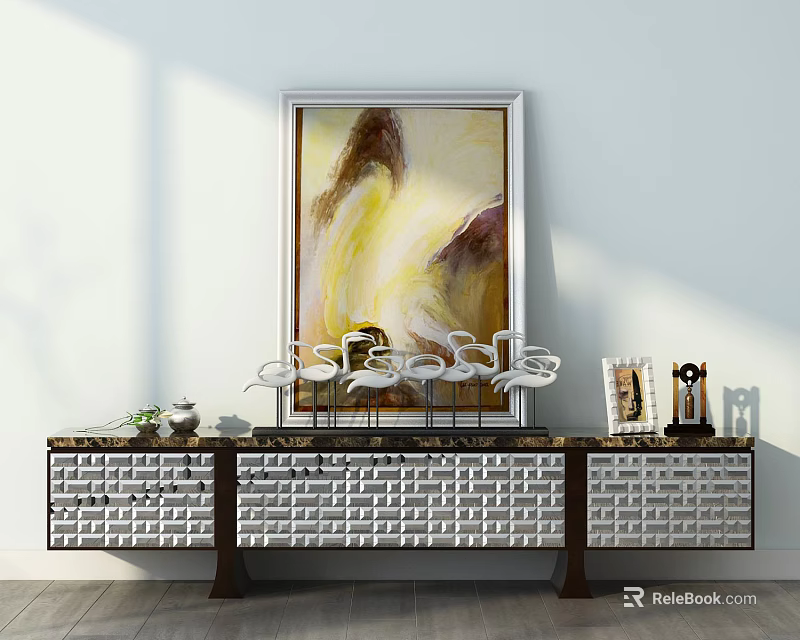 Elegant Modern Console Table And Side Cabinet With Marble Top Decorative Items And Wall Art 3d model 