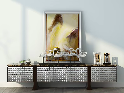 Elegant Modern Console Table And Side Cabinet With Marble Top Decorative Items And Wall Art 3d model