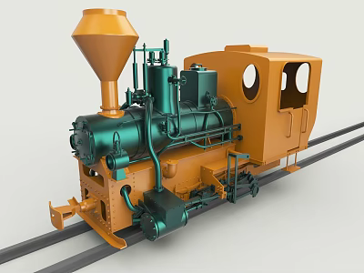 Vintage Green And Orange Steam Train With Conical Chimney Cab And Engine On Tracks 3d model