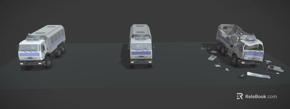 White Emergency Van With Blue Stripes And Front Lights On Dark Background 3d model 