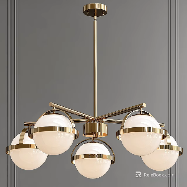 Modern Chandelier with Brass Frame and White Spherical Shades for Contemporary Interior Design 3d model 
