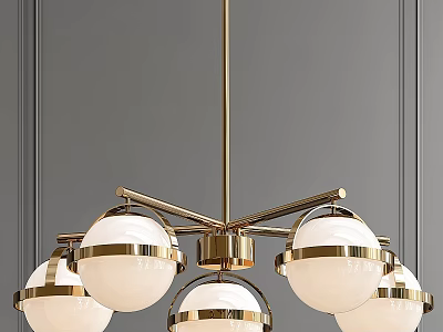 Modern Chandelier with Brass Frame and White Spherical Shades for Contemporary Interior Design 3d model