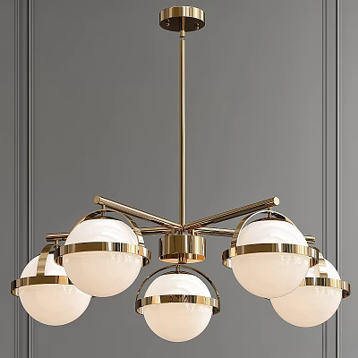 Modern Chandelier with Brass Frame and White Spherical Shades for Contemporary Interior Design 3d model