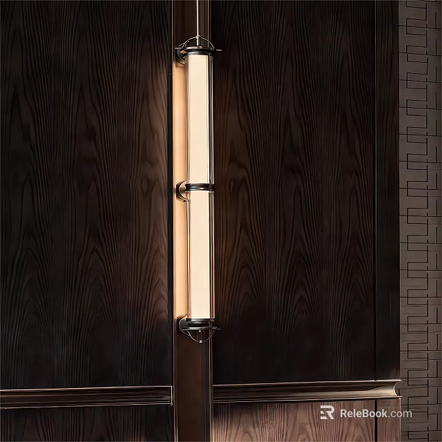 Modern Wall Lamp With Warm Illumination On Dark Wooden Wall Interior 3d model 