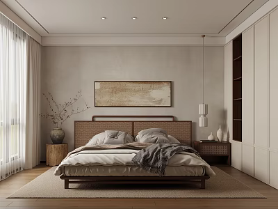 Minimalist Modern Bedroom Interior With Wooden Headboard Bed Throw Blanket Wall Art And White Curtains 3d model