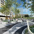 Rainy Day Plaza Landscape With Modern Buildings Trees Circular Walkways Water Pools And People Walking
