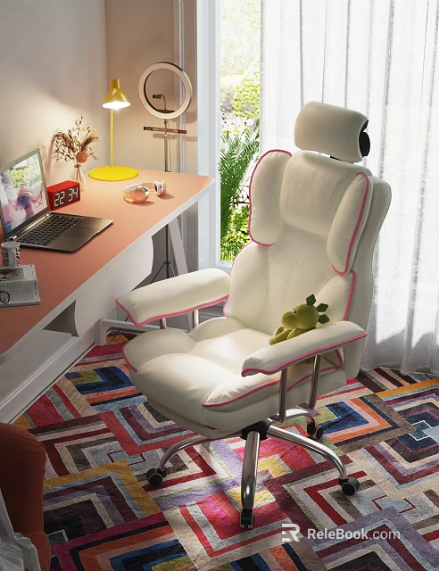 Study Desk with Pink Desktop Laptop Lamp Decorations White Chair Colorful Rug and Green Plants 3d model 