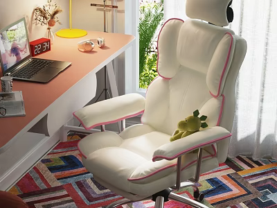 Study Desk with Pink Desktop Laptop Lamp Decorations White Chair Colorful Rug and Green Plants 3d model