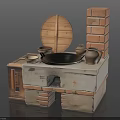Traditional Brick Stove Setup With Wooden Lid Wok Clay Pots And Bowls