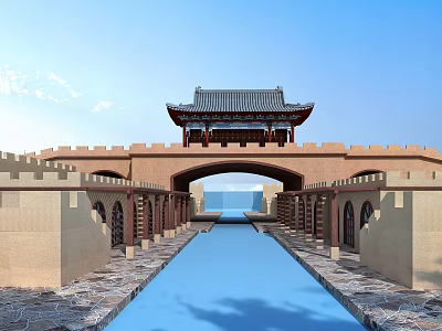 Traditional Chinese Landscape Bridge with Tower City Walls and Waterway Arch Design 3d model