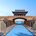 Traditional Chinese Landscape Bridge with Tower City Walls and Waterway Arch Design