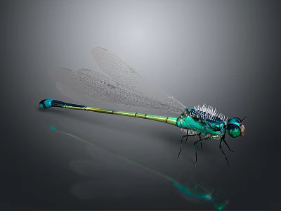Metallic Green And Blue Dragonfly With Transparent Wings On Gray Background 3d model