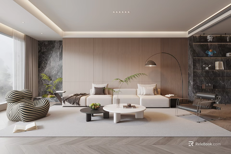 Modern Living Room With Light Sofa Wooden Paneled Wall Arched Floor Lamp And Green Plants 3d model 