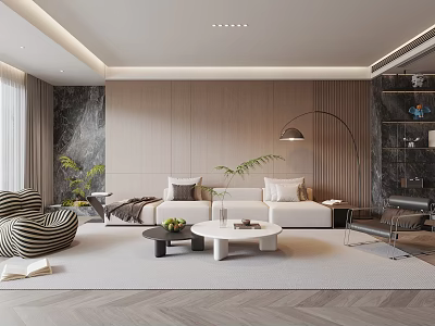 Modern Living Room With Light Sofa Wooden Paneled Wall Arched Floor Lamp And Green Plants 3d model