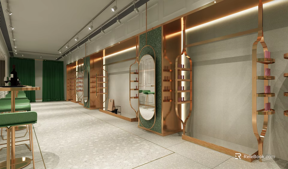 Modern Elegant Clothing Store With Green Curtains Gold Decor Display Shelves And Mirrors 3d model 