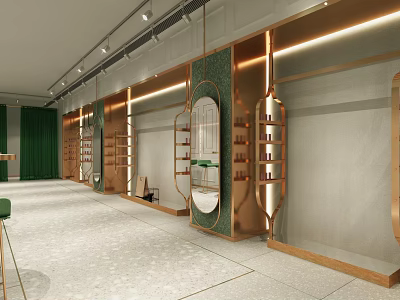 Modern Elegant Clothing Store With Green Curtains Gold Decor Display Shelves And Mirrors 3d model