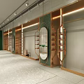 Modern Elegant Clothing Store With Green Curtains Gold Decor Display Shelves And Mirrors