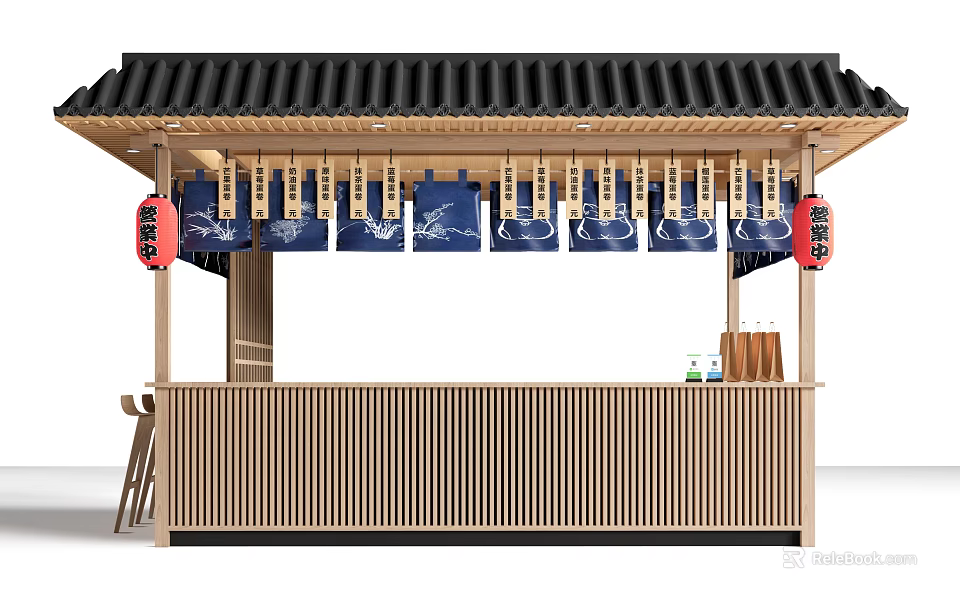 Commercial Outdoor Setup with Black Tiled Roof Wooden Structure Blue Curtains and Red Lanterns 3d model 