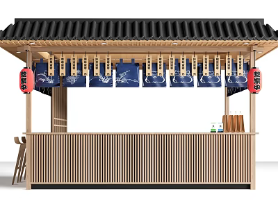 Commercial Outdoor Setup with Black Tiled Roof Wooden Structure Blue Curtains and Red Lanterns 3d model