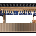 Commercial Outdoor Setup with Black Tiled Roof Wooden Structure Blue Curtains and Red Lanterns