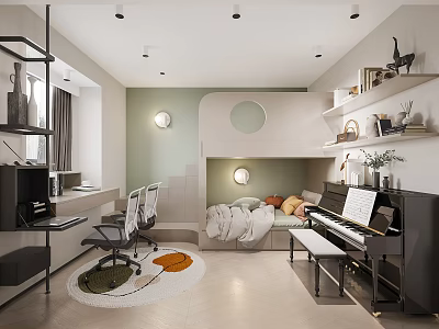 Modern Kids Bedroom With Bed Piano Desks Chairs Rug And Shelves 3d model