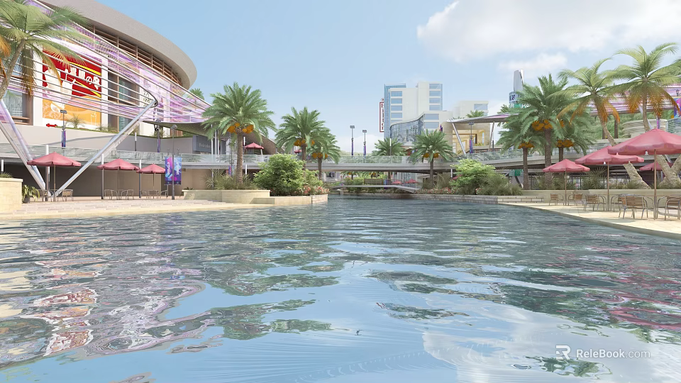 Scenic Commercial Street Featuring Palm Trees Water Pool Reflections Red Umbrellas And Tall Buildings 3d model 