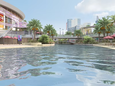 Scenic Commercial Street Featuring Palm Trees Water Pool Reflections Red Umbrellas And Tall Buildings 3d model