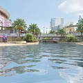 Scenic Commercial Street Featuring Palm Trees Water Pool Reflections Red Umbrellas And Tall Buildings