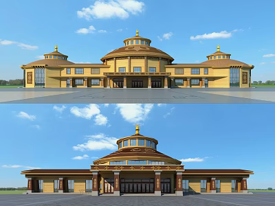 Traditional Grand Building With Domed Brown Roof Yellow Walls And Symmetrical Exterior Design 3d model