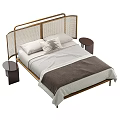 Modern Double Bed With Rattan Headboard Wooden Frame Pillows Quilt And Nightstand