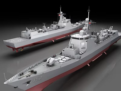 Two Modern Warships With Grey Hulls Red Bottoms And Advanced Weapon Systems 3d model