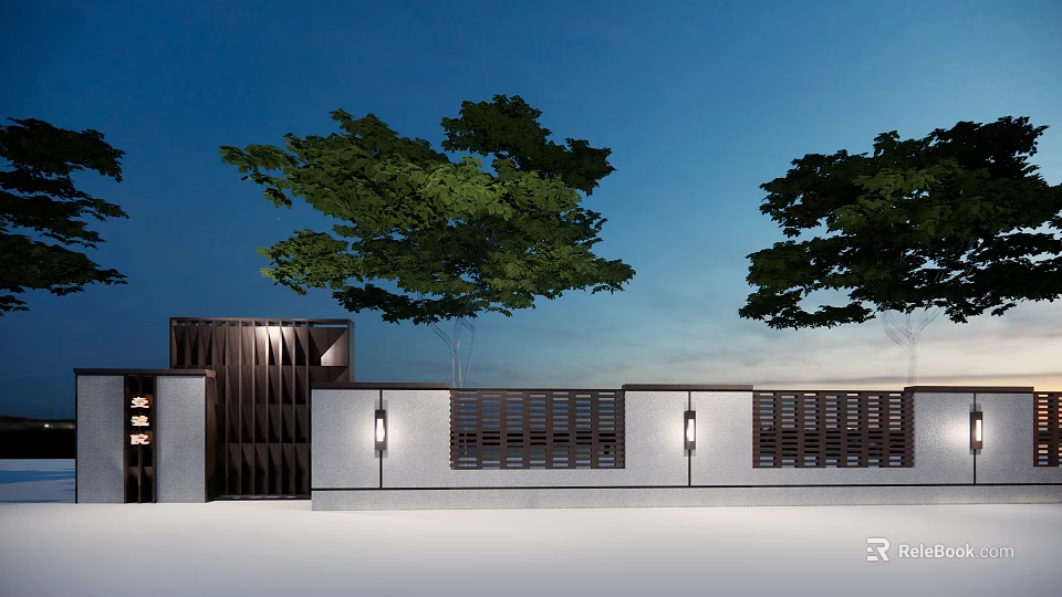Modern Residential Landscape Design With Trees Fence Wall And Outdoor Lighting 3d model 