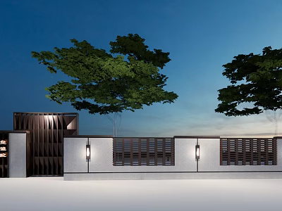 Modern Residential Landscape Design With Trees Fence Wall And Outdoor Lighting 3d model