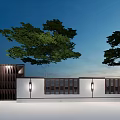 Modern Residential Landscape Design With Trees Fence Wall And Outdoor Lighting