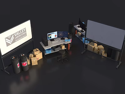 Modern Industrial Equipment Workbench With Large Display Screen Computer Printer Cylindrical Containers And Storage Boxes 3d model