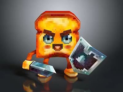 Pixelated Bread Shaped Game Character Holding Sword And Shield With Cute Expressions 3d model