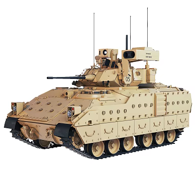 Modern Beige Military Tank With Turret Antennas Armored Hull And Tracked Wheels 3d model