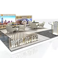 Modern Exhibition Booth Design with Display Walls Tables Chairs and Reception Desk