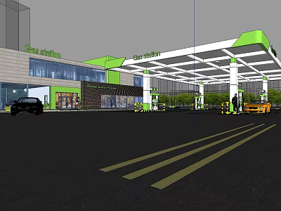 Modern Green Gas Station With Signage Fuel Pumps And Vehicles 3d model